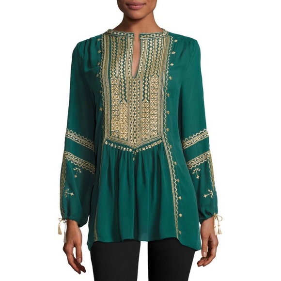 Calypso St. Barth Tops - Calypso St Barth Green Zandy Embroidered Silk Top